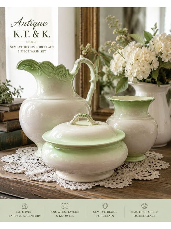 Knowles, Taylor & Knowles (K.T. & K.) Other - Antique K.T. & K. Semi Vitreous Porcelain 3 Pc Wash Set Pitcher Covered Bowl